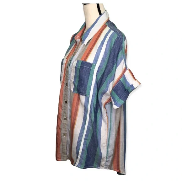 OAT New York Striped Short Sleeve Button Down Linen Blend - Picture 3 of 8